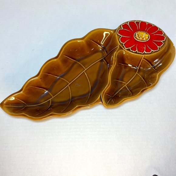 Vintage Ceramic Serving Dish Brown Red Flower *read* - Picture 7 of 9